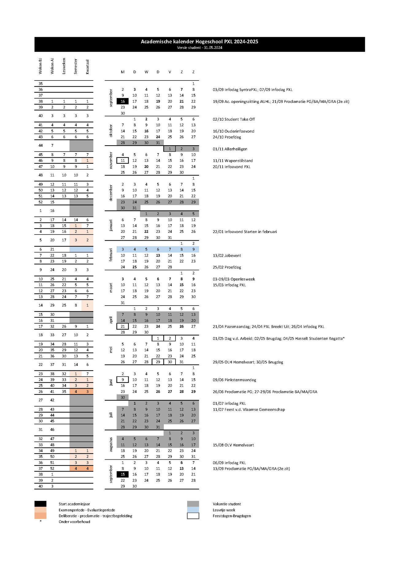 Academische kalender studenten academiejaar 23-24